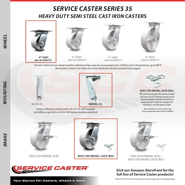 4 Inch Heavy Duty Semi Steel Caster with Ball Bearing and Swivel Lock SCC